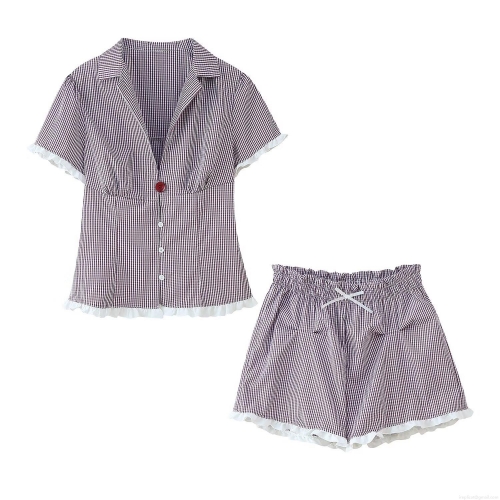 Women's 2-Piece Summer Shorts Set Gingham Polyester Short Sleeve Button Down Lapel Shirt And Ruffled Edge Shorts Casual Purple Plaid Outfit For Women Vacation Streetwear