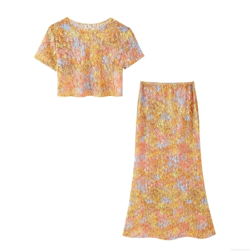Women's 2-Piece Summer Outfit Colorful Floral Print Polyester Lace Set Round Neck Short Sleeve Crop Top And High Waist Long Maxi Skirt Streetwear