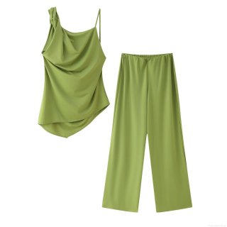 Women Summer Avocado Green Two Piece Set Sexy Asymmetric One Shoulder Pleated Top And Elastic High Waist Wide Leg Pants Suit For Party Vacation Casual