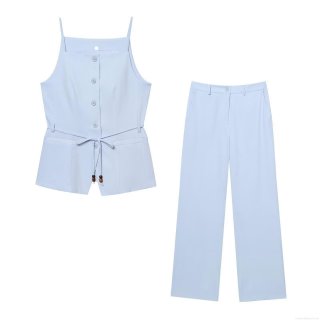 Women's 2 Piece Summer Outfits Set Light Blue Camisole Top and Wide Leg Pants With Beaded Belt Button Front Sleeveless Square Neck Woven Polyester Casual Vacation Streetwear For Women