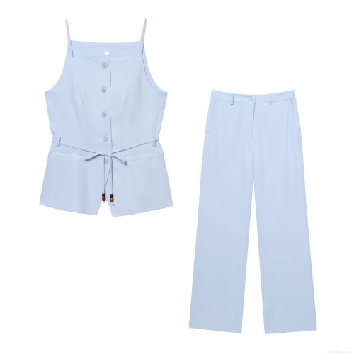 Women's 2 Piece Summer Outfits Set Light Blue Camisole Top and Wide Leg Pants With Beaded Belt Button Front Sleeveless Square Neck Woven Polyester Casual Vacation Streetwear For Women