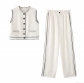 Women's Two Piece Pants Set Contrast Color Binding Sleeveless Round Neck Vest And High Waist Wide Leg Trousers Casual Western Streetwear Outfits