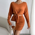 Sexy Women's Two-Piece Skirt Set Long Sleeve Tie Front Crop Top And Ruched Bodycon Mini Skirt Solid Caramel Knit Outfits For Party Clubwear