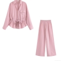 Women 2 Piece Outfits Casual Solid Color Long Sleeve Button Down Shirt And High Waist Drawstring Wide Leg Pants Streetwear Pink Set