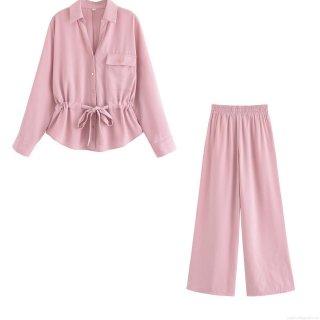 Women 2 Piece Outfits Casual Solid Color Long Sleeve Button Down Shirt And High Waist Drawstring Wide Leg Pants Streetwear Pink Set