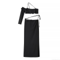 Women's Sexy Asymmetric Ruffle Single Sleeve Crop Top and Side Slit Maxi Skirt Two Piece Set with Pearl Decor Black Polyester Streetwear Party Clubwear Outfit