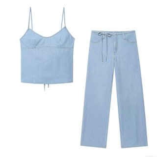Women's 2-Piece Denim Set Light Blue Cami Top with Back Lace-Up and Bow Tie Straight Leg Jeans Streetwear Outfit for Summer Casual Wear