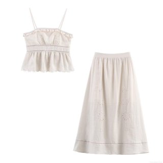 Women's Summer 2-Piece Skirt Set Cotton Blend Eyelet Embroidery Camisole Crop Top And A-Line Long Maxi Skirt Boho Beach Vacation Outfits