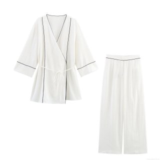 Women Elegant Contrast Trim Two Piece Set V Neck Long Sleeve Tie Waist Jacket And High Waist Wide Leg Pants Casual Loungewear Suite White
