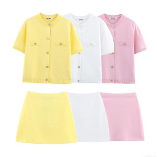 Women's Elegant Two-Piece Knit Skirt Set Summer Short Sleeve Button-Down Cardigan Top And High Waist Mini A-Line Skirt Outfit Streetwear For Women