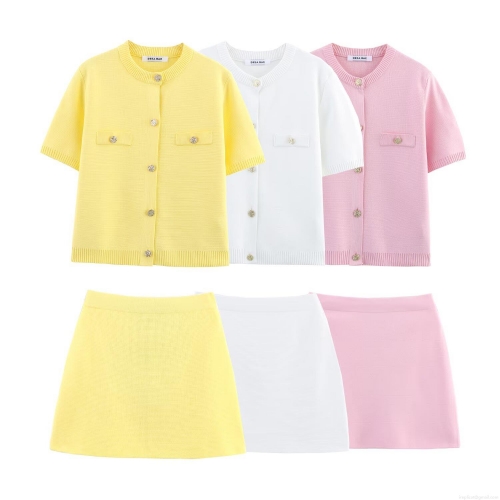 Women's Elegant Two-Piece Knit Skirt Set Summer Short Sleeve Button-Down Cardigan Top And High Waist Mini A-Line Skirt Outfit Streetwear For Women