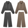 Women's Two Piece Casual Tracksuit Set Solid Color Stand Collar Zipper Cropped Jacket High Waist Drawstring Wide Leg Pants Sporty Streetwear Outfit
