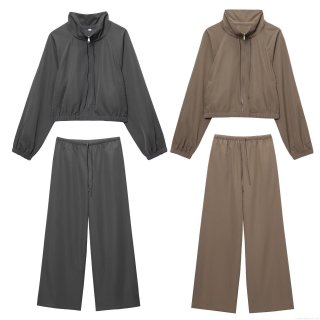 Women's Two Piece Casual Tracksuit Set Solid Color Stand Collar Zipper Cropped Jacket High Waist Drawstring Wide Leg Pants Sporty Streetwear Outfit