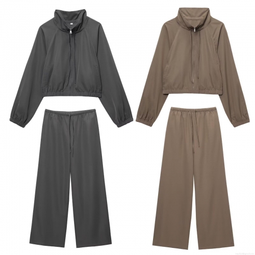 Women's Two Piece Casual Tracksuit Set Solid Color Stand Collar Zipper Cropped Jacket High Waist Drawstring Wide Leg Pants Sporty Streetwear Outfit