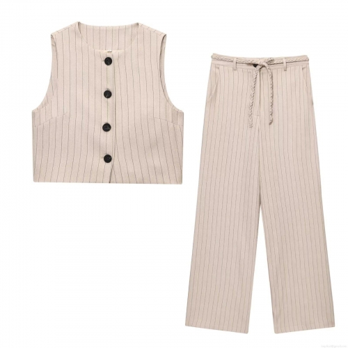 Women's 2-Piece Striped Outfit Set Sleeveless Short Vest Top and High Waist Wide Leg Pants with Woven Belt Summer Casual Streetwear Suit