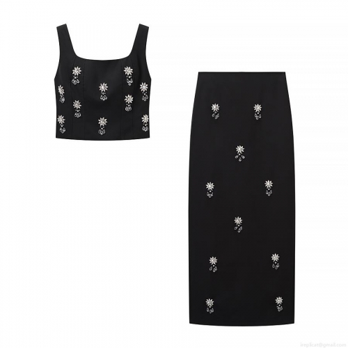 Women's Sexy Two Piece Skirt Set Square Neck Rhinestone Flower Crop Cami Top and Long Column Skirt Set Elegant Evening Party Clubwear Outfit For Ladies