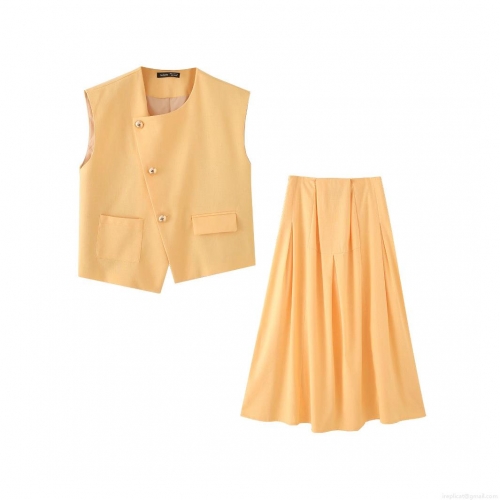 Women's Summer Two-Piece Set Elegant Asymmetric Sleeveless Vest Top With Metal Buttons And High Waist Pleated Midi Skirt Polyester Streetwear Casual Outfit For Women