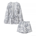 Women's Summer 2 Piece Outfits Floral Print Long Sleeve Tie Waist Cardigan Top and High Waisted Shorts Set Casual Beach Vacation Streetwear