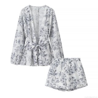 Women's Summer 2 Piece Outfits Floral Print Long Sleeve Tie Waist Cardigan Top and High Waisted Shorts Set Casual Beach Vacation Streetwear