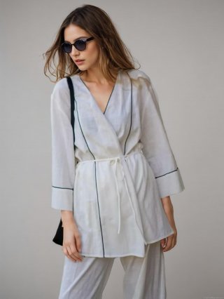 Women's Casual 100% Cotton Two-Piece Set Kimono Style V-Neck Tie Waist Wrap Top And High Waisted Wide Leg Pants With Contrast Binding Streetwear Vacation Loungewear