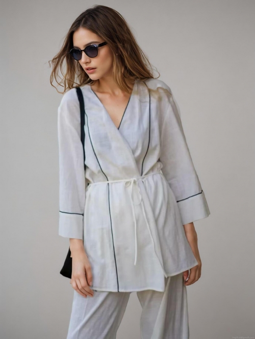 Women's Casual 100% Cotton Two-Piece Set Kimono Style V-Neck Tie Waist Wrap Top And High Waisted Wide Leg Pants With Contrast Binding Streetwear Vacation Loungewear