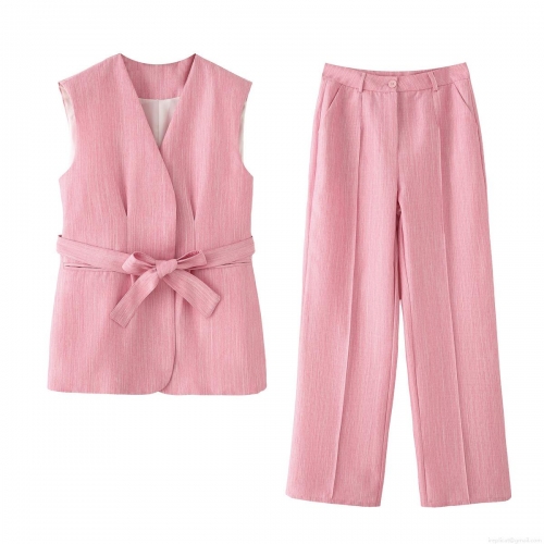 Women's Pink 2 Piece Suit Sleeveless Tie Waist V Neck Vest And High Waist Wide Leg Pants Set Slub Texture Polyester Casual Streetwear Outfits
