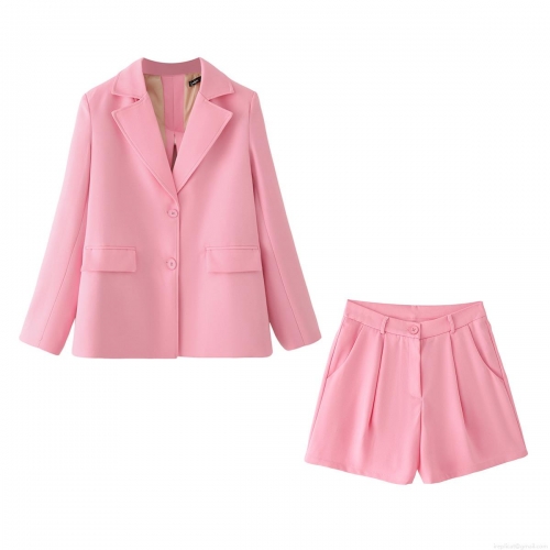 Women's Pink Blazer and Shorts Set Polyester Elegant Back White Satin Bow Two Piece Outfit Notched Lapel Long Sleeve Jacket High Waisted Wide Leg Shorts Casual Street Style Suit For Party Dating