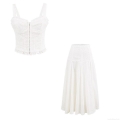Women's Two Piece Summer Eyelet Lace Set White Bohemian Embroidery Cropped Cami Top And High Waist A-Line Maxi Skirt Set French Country Style Vacation Clothing For Women