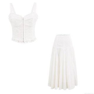 Women's Two Piece Summer Eyelet Lace Set White Bohemian Embroidery Cropped Cami Top And High Waist A-Line Maxi Skirt Set French Country Style Vacation Clothing For Women