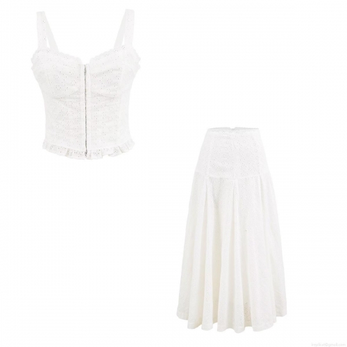 Women's Two Piece Summer Eyelet Lace Set White Bohemian Embroidery Cropped Cami Top And High Waist A-Line Maxi Skirt Set French Country Style Vacation Clothing For Women