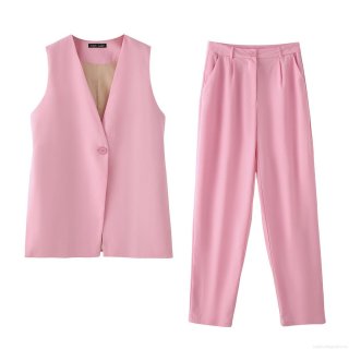 Women's 2-Piece Suit Set V-Neck Sleeveless Vest and High Waist Straight Trousers Elegant Solid Pink Polyester Summer Casual Business Outfits