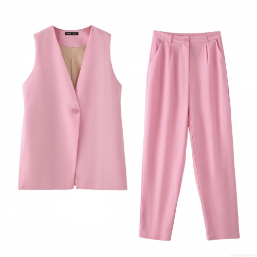 Women's 2-Piece Suit Set V-Neck Sleeveless Vest and High Waist Straight Trousers Elegant Solid Pink Polyester Summer Casual Business Outfits