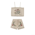 Women's 2 Piece Bohemian Embroidered Set Lace Trim Cami Crop Top And Floral Drawstring Shorts Summer Casual Boho Beach Outfits For Women