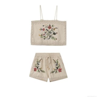 Women's 2 Piece Bohemian Embroidered Set Lace Trim Cami Crop Top And Floral Drawstring Shorts Summer Casual Boho Beach Outfits For Women