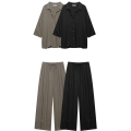 Women's Casual Two Piece Set Polyester Linen Texture Long Sleeve Button Down Shirt And Drawstring Wide Leg Pants Hollow Out Ladder Stitch Decor Streetwear Lounge Suit