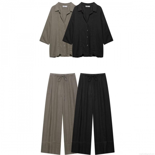 Women's Casual Two Piece Set Polyester Linen Texture Long Sleeve Button Down Shirt And Drawstring Wide Leg Pants Hollow Out Ladder Stitch Decor Streetwear Lounge Suit