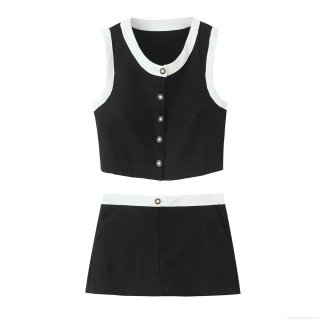 Women's Summer Two Piece Set Contrast Color Sleeveless Vest And High Waist Shorts Chic Cotton Linen Blend Outfit With Pearl Buttons Streetwear