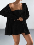 Women's Sexy 3-Piece Knit Lounge Set Ribbed Long Sleeve Cardigan Tube Top And High Waist Shorts Solid Color Casual Tracksuit Outfits