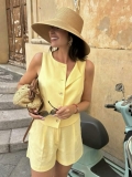 Women Summer 2-Piece Set Linen Texture Polyester Round Neck Button Vest Sleeveless Waistcoat High Waist Casual Shorts With Pockets European American Style Streetwear Vacation Daily Outfit