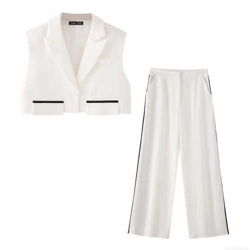Women's Summer 2-Piece Set Polyester Contrast Color Sleeveless Vest Top and Wide Leg Long Pants Streetwear Casual Office Suit