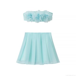 Women's Two Piece Set 3D Flower Tube Top And Pleated Mini Skirt Light Blue Polyester Chiffon Summer Party Streetwear Vacation Outfits For Ladies