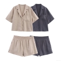 Women's Summer Two Piece Set Short Sleeve Lapel Shirt And Elastic Waist Shorts Casual Solid Color Khaki Grey Streetwear Lounge Wear Tencel Twill Outfit