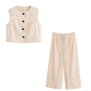 Women European Style 2 Piece Set Minimalist Sleeveless Waistcoat Vest And High Waist Wide Leg Pants With Raw Hem Fringe Detail For Summer Vacation Daily Wear Streetwear Outfit