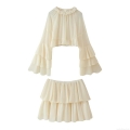 Women's Summer Chiffon Two Piece Skirt Set Ruffle Collar Layered Flare Sleeve Crop Top and Tiered Cake Mini Skirt Solid Color Streetwear Outfit