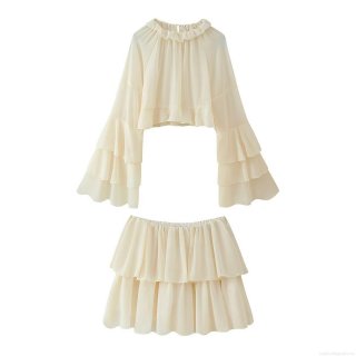Women's Summer Chiffon Two Piece Skirt Set Ruffle Collar Layered Flare Sleeve Crop Top and Tiered Cake Mini Skirt Solid Color Streetwear Outfit