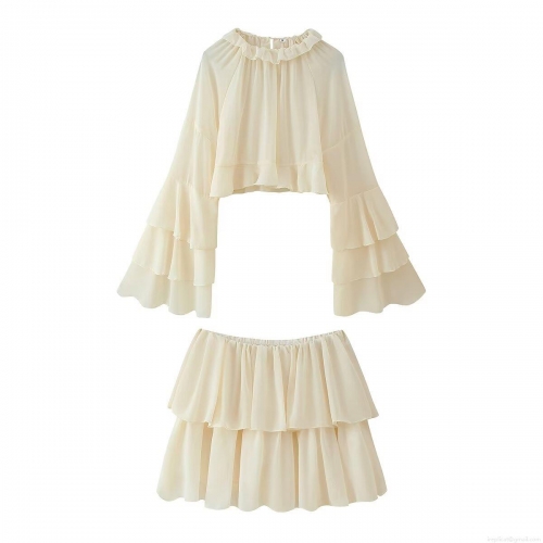 Women's Summer Chiffon Two Piece Skirt Set Ruffle Collar Layered Flare Sleeve Crop Top and Tiered Cake Mini Skirt Solid Color Streetwear Outfit