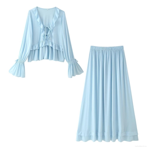 Women's Casual Two Piece Set V Neck Ruffle Tie Up Long Sleeve Trumpet Sleeve Top And High Waist Long Skirt Summer Light Blue Set Outfit For Women