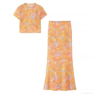 Women's Two Piece Skirt Set Floral Print Lace Mesh Round Neck Short Sleeve Crop Top And High Waist Maxi Skirt Summer Vacation Casual Outfit