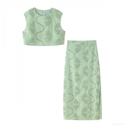 Women's 2 Piece Skirt Set Sleeveless Round Neck Embroidery Eyelet Crop Top High Waist Midi Skirt Set Casual Streetwear Sage Green Outfits