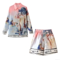 Women's Two Piece Set Artistic Scenic Oil Painting Print Satin Polyester Shirt And Shorts Set Elegant Long Sleeve Lapel Top And Elastic Waist Shorts Vacation Outfit